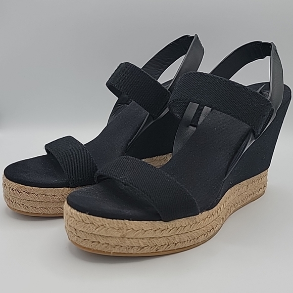 TORY BURCH Wedge Sandal Espadrille Slingback 2 Band Canvas & Leather Black US 10 - Picture 5 of 13